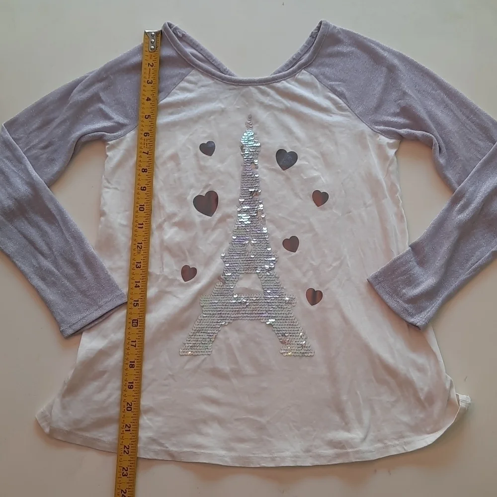 Justice Girls Sequin Eiffel Tower Paris Raglan Top Size 12